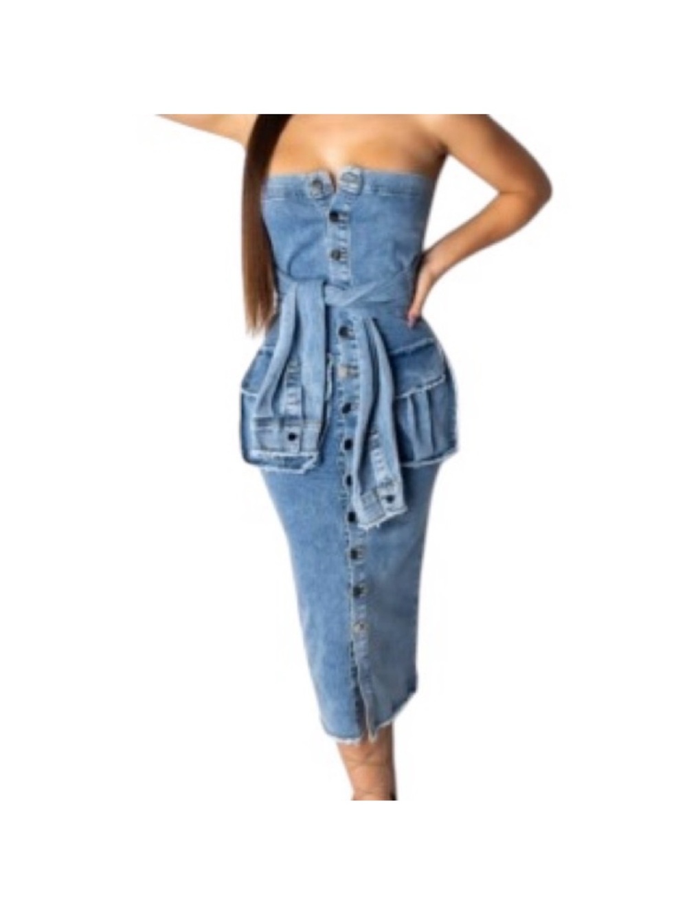 Strapless Blue Denim Button-Front Midi Dress